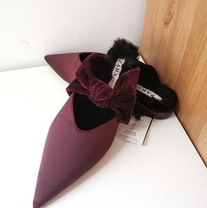 zara burgundy pointed velvetfaux fur mules
